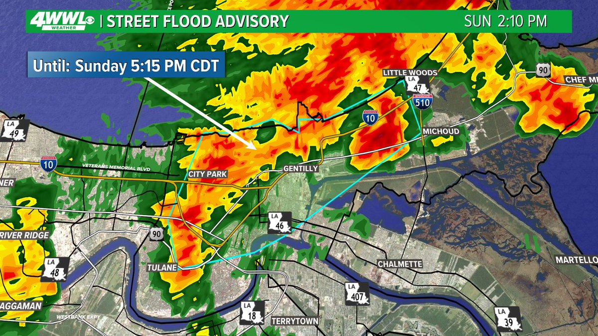 wwltvweather's tweet image. A Street Flood Advisory has been issued for parts of Orleans until 7/13 5:15PM. Street flooding is possible in these areas. Don't drive through flooded roads. #BeOn4