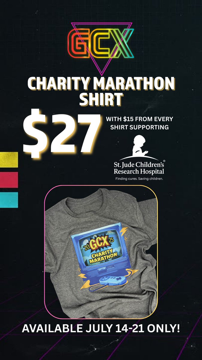 GCX (@gcxevent) on Twitter photo GCX Charity Marathon shirts are LIVE! $15 of every shirt purchased directly benefits <a href="/StJudePLAYLIVE/">St. Jude PLAY LIVE</a>. Grab a few for your friends and family! shoplab77.co/collections/gc… GCX Charity Marathon shirts are LIVE! $15 of every shirt purchased directly benefits <a href="/StJudePLAYLIVE/">St. Jude PLAY LIVE</a>. Grab a few for your friends and family! shoplab77.co/collections/gc…