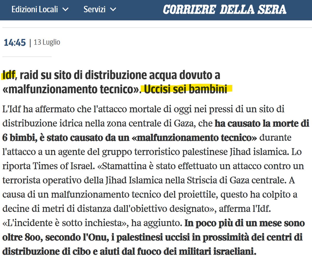 a____capo's tweet image. Vorrei chiedere al #Corriere perché il titolo nella home che tutti leggono dice genericamente "8 morti", mentre la notizia dietro il paywall che pochi leggono è "uccisi 6 bambini"?
Perché non informate anche nella home che #IDF ha ucciso 6 bambini a #Gaza?
O dei 139 uccisi oggi?