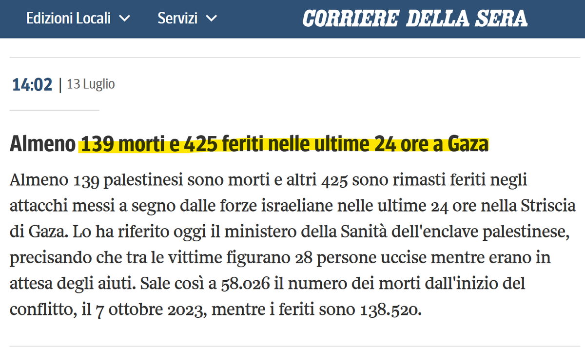 a____capo's tweet image. Vorrei chiedere al #Corriere perché il titolo nella home che tutti leggono dice genericamente "8 morti", mentre la notizia dietro il paywall che pochi leggono è "uccisi 6 bambini"?
Perché non informate anche nella home che #IDF ha ucciso 6 bambini a #Gaza?
O dei 139 uccisi oggi?