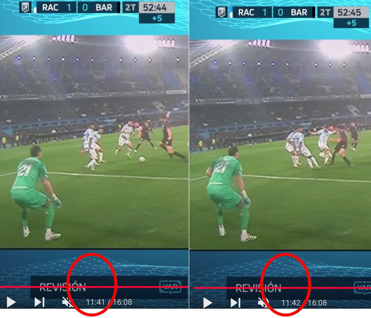 facundotq's tweet photo. @Racinguismo_ RACING DEBERIA PEDIR LOS PUNTOS e INVESTIGACION AL REFERI. Repetición VAR: 11:41 antes del contacto y 11:42 después del contacto, en menos de 1 segundo traban licitamente la pelota que sale hacia arriba, y esto en repetición en cámara lenta! https://t.co/cn3Ns32Sip https://t.co/DpTrf8de79