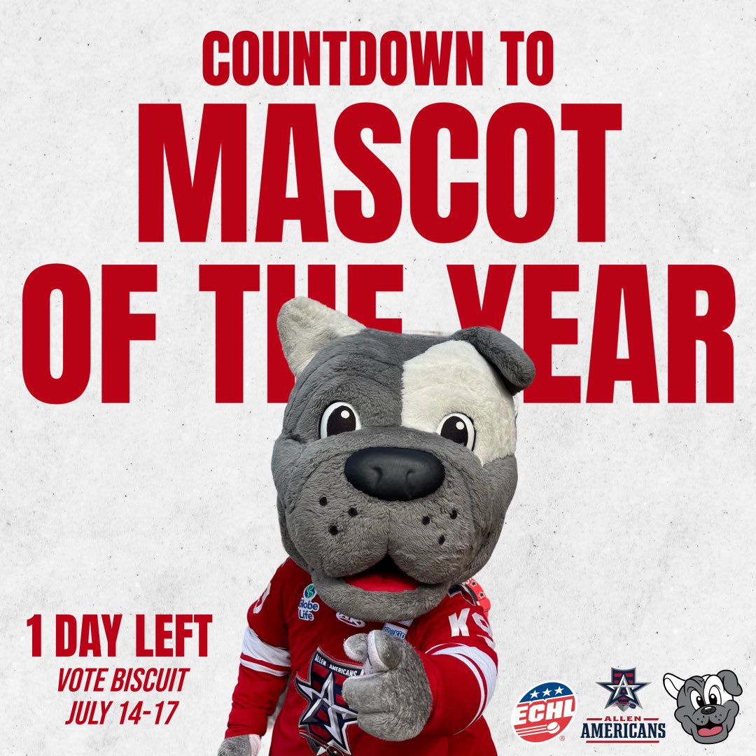 bestechlmascot's tweet photo. 📣 Only 1 DAY LEFT to vote for your favorite mascot!
Let’s bring it home—Vote BISCUIT for ECHL Mascot of the Year! 🐾🔥
🗳️ July 14–17
#VoteBiscuit #ECHLMascotOfTheYear #WeBelieveInBiscuit #AllenAmericans #BestECHLMascot https://t.co/YE7sQZMBMu