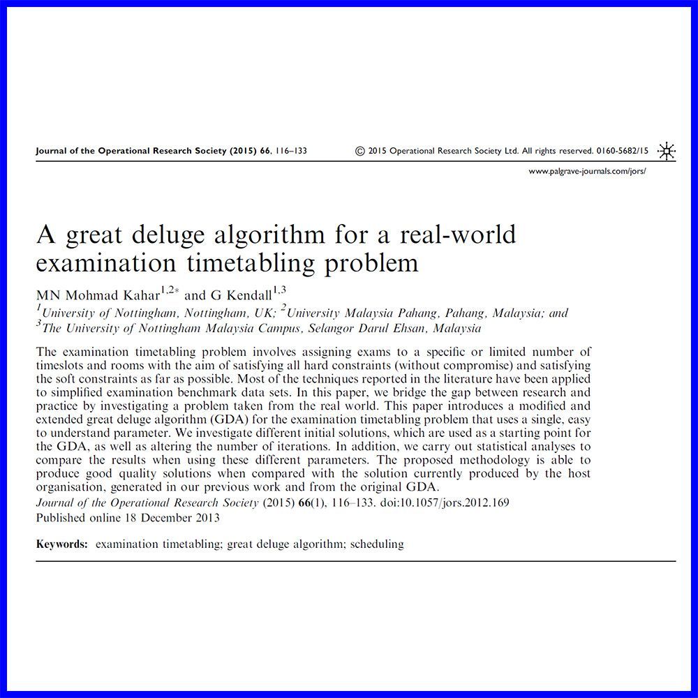 I was just looking back at my past papers and can't believe that this paper was published 10 years ago (seems like a few weeks).

I don't do so much research these days on examination timetabling, but I have done my fair share in the past. I particularly like these "real world"