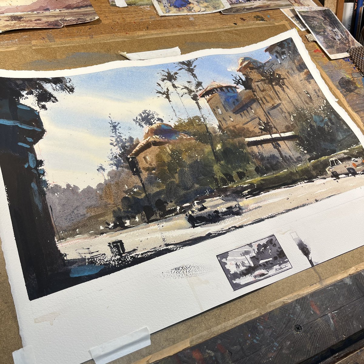 Jared_Cullum's tweet image. 22x16 watercolor of a neat building I saw walking around Pasadena, CA