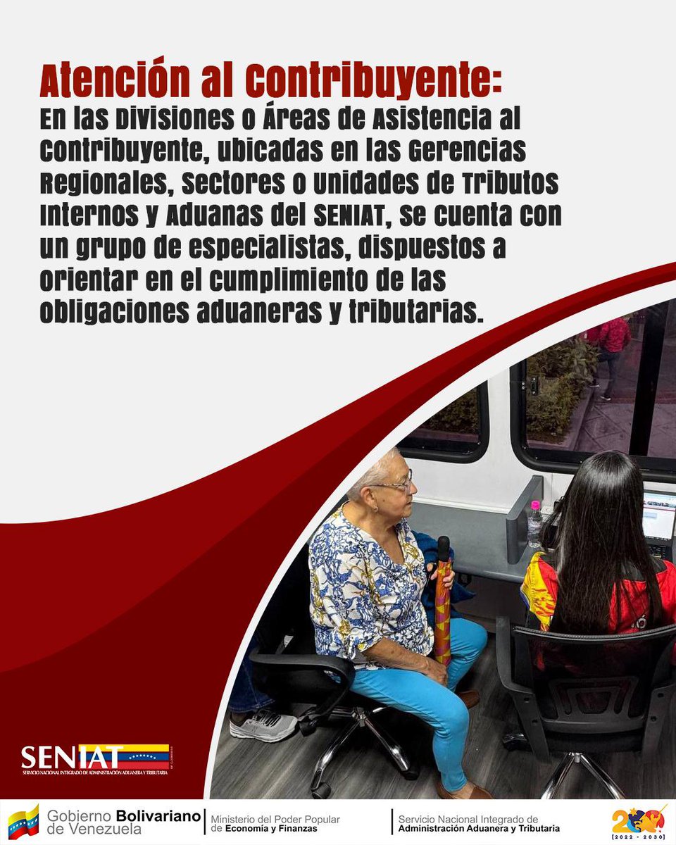 ¡Te orientamos en tus obligaciones! 🇻🇪❤️ En el SENIAT, nuestro compromiso es con el contribuyente. En las Divisiones o Áreas de Asistencia al Contribuyente de nuestras Gerencias Regionales, Sectores y Unidades de Tributos Internos y Aduanas, encontrarás a nuestros especialistas.