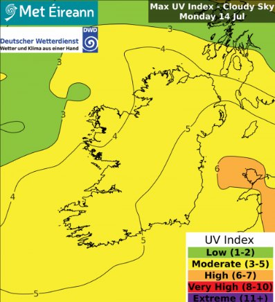 #UV index for Monday 14th July

🟠🟡High to moderate under clear skies 
🟡Moderate under cloudy skies ☁️

Be #sunsmart and protect your skin &amp; eyes from sun radiation🧴🕶️🧢⛱️

Also, let's prioritize safety &amp; remain vigilant around the water🏊🛟

ℹ️ met.ie/uv-index
