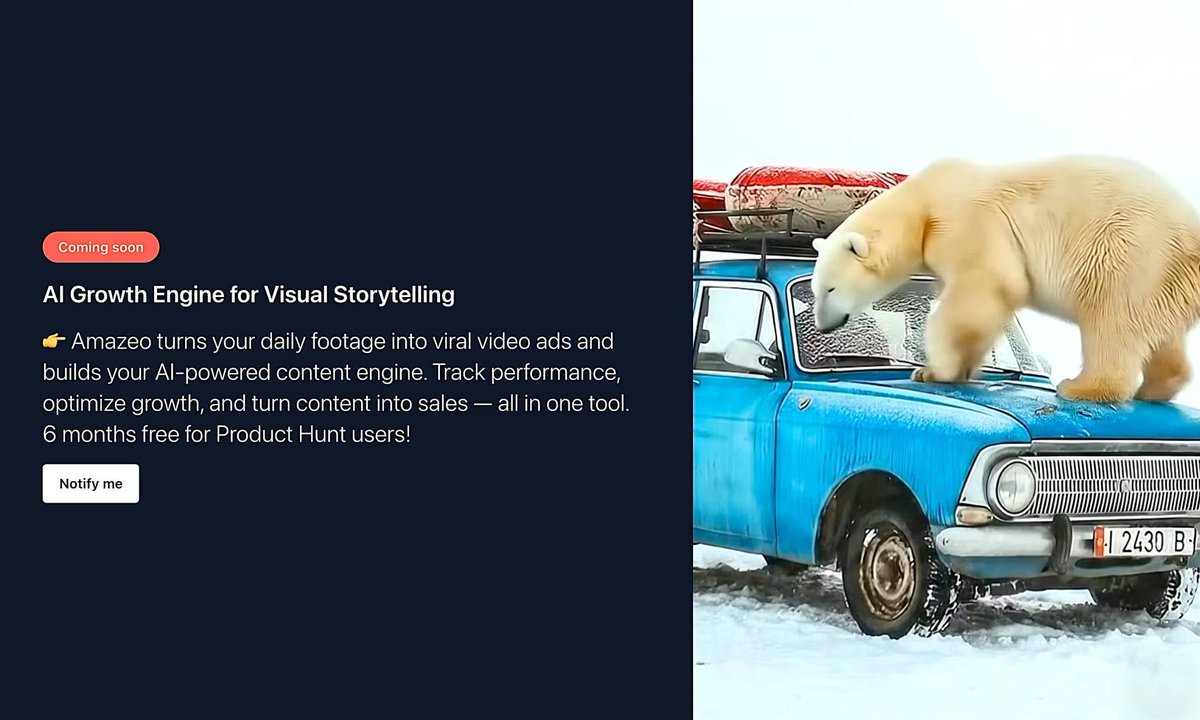 🚀 Big news - Amazeo is launching on Product Hunt!

We’ve been working hard on Amazeo - your AI-powered content &amp; growth engine:
🎥 Instantly create viral video ads
📊 Track what works with AI-powered analytics
🚀 Grow your sales without a marketing team

Our launch is set for
