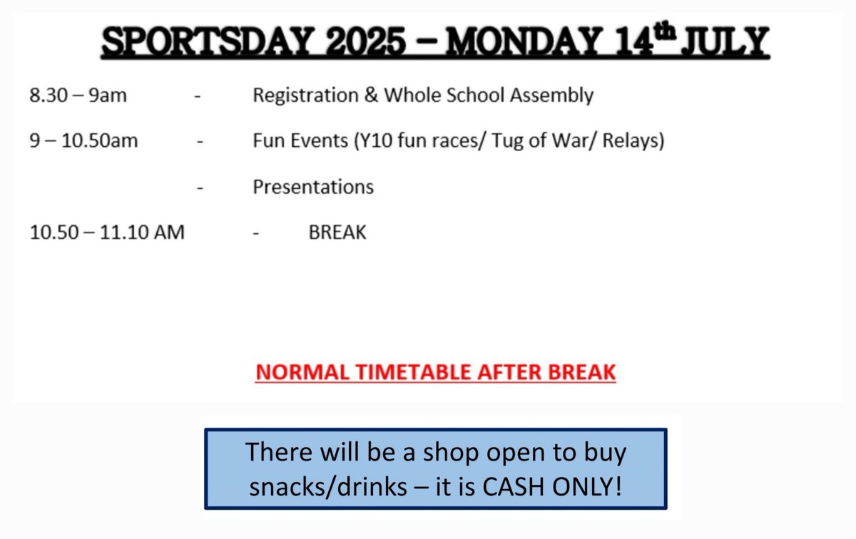 PE_BFS (@pe_bfs) on Twitter photo Reminder of <a href="/Brynmawr_school/">Brynmawr Foundation School</a> Sports Day Part 2 tomorrow! Just some Y10 races, Tug of War & Relay to go before we find out who are Champions 2025 ππ΅π΄π’
*Pupils can attend school in their PE kit, and a reminder to bring suncream & water <a href="/missridout_pe/">Mrs James PE</a>
<a href="/tom9edwards/">Mr Edwards Rugby</a> Reminder of <a href="/Brynmawr_school/">Brynmawr Foundation School</a> Sports Day Part 2 tomorrow! Just some Y10 races, Tug of War & Relay to go before we find out who are Champions 2025 ππ΅π΄π’
*Pupils can attend school in their PE kit, and a reminder to bring suncream & water <a href="/missridout_pe/">Mrs James PE</a>
<a href="/tom9edwards/">Mr Edwards Rugby</a>