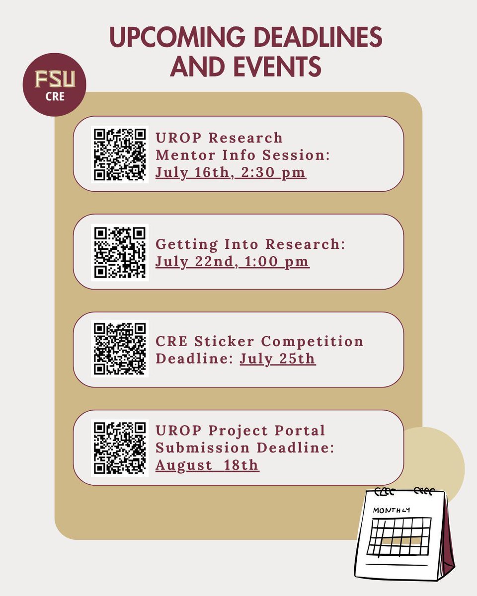 FSU_CRE's tweet image. 📌UROP Mentor Info Session: July 16th, 2:30 pm
📌Getting Into Research Workshop: July 22nd, 1:00 pm
📌CRE Sticker Competition Deadline: July 25th
Scan the QR codes for more details or visit the link in our bio 📅💡