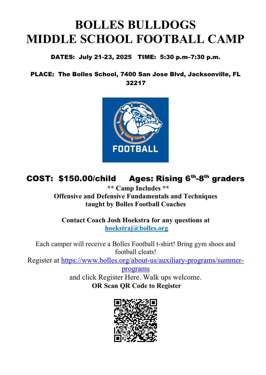 Deshawn Brown (@deshawnbrowninc) on Twitter photo 🏈 Middle Schoolers
Join the <a href="/Bolles_Football/">Bolles Football</a> Middle School Camp and train with Bolles Football Coaches‼️
Sign up now — spots are filling fast!
#BollesFootball #FutureBulldogs 🏈 Middle Schoolers
Join the <a href="/Bolles_Football/">Bolles Football</a> Middle School Camp and train with Bolles Football Coaches‼️
Sign up now — spots are filling fast!
#BollesFootball #FutureBulldogs