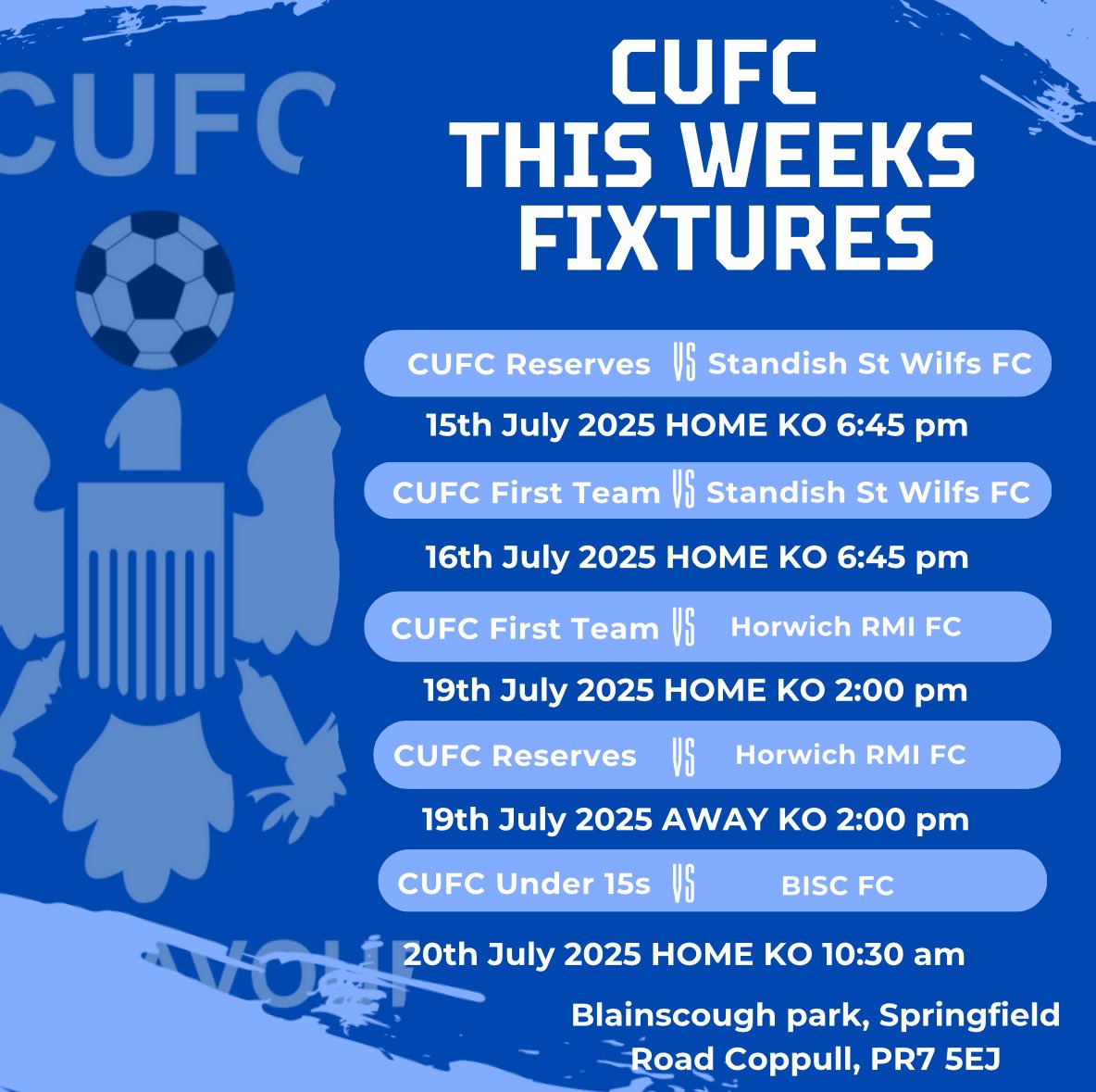 What a cracking weekend it has been down at Coppull United FC ! Want to say a massive thank you to all the supporters who showed up for the games this weekend was lovely too see you all down ! ☀️🍺⚽️

We have another full week of football this week!

Hope to see you all again !