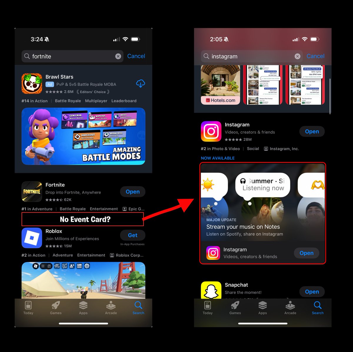GetDillyApp's tweet image. If you search “Fortnite” in the App Store on your iPhone—does the Event Card still show up or is it gone? Please reply with a screenshot 🙌