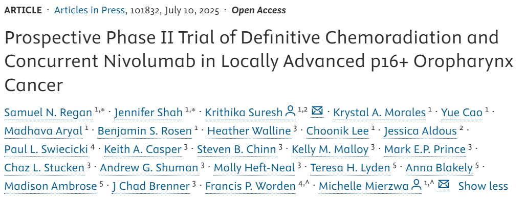 Advances_ASTRO's tweet image. ❗️Out now: tinyurl.com/ycxku7pr❗️
In this Ph II trial (n=26), addition of IO (before, during, after) to definitive chemo☢️for pts w/ LA p16+ OPCs (cT4/3, matted LN, cENE) had:
🔘 2yr PFS: 65% (vs 68% historic control)
🔘 G3+ acute dysphagia: 54%
🔘 Incomplete IO course: 68%…