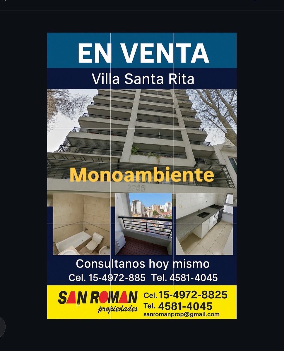 📍 EN VENTA - Villa Santa Rita
🏢 Departamento monoambientes | Luminoso | Villa Santa Rita:
✨ monoambiente con balcón
🍽 Cocina integrada con desayunador
🛁 Baño completo🌳 Edificio moderno
📲 15-4972-8825 ☎️ 4581-4045
📧 sanromanprop@gmail.com
🌐 sanromanprop.com.ar