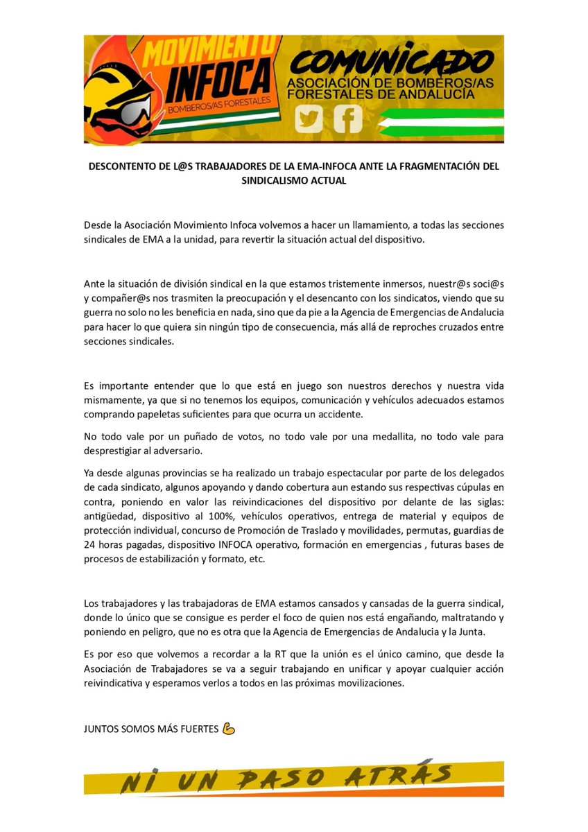MovimientoINFO3's tweet photo. Descontento de los trabajadores y trabajadores de la EMA-INFOCA ante la fragmentación de los sindicatos..

#ANTIGUEDAD
#INFOCA100
#PromocionYtraslado
#MovilidadesYpermutas
#vehiculosseguros
#EPIS
#UNIDAD
#JuntosSomosMasFuertes https://t.co/dzkcuRt2Yk