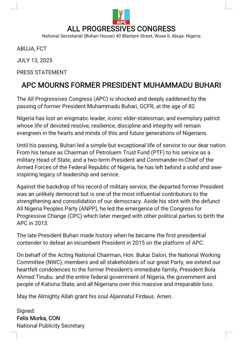 OfficialAPCNg's tweet image. APC MOURNS FORMER PRESIDENT MUHAMMADU BUHARI
Nigeria has lost an enigmatic leader, iconic elder-statesman, and exemplary patriot whose life of devoted resolve, resilience, discipline and integrity will remain evergreen in the hearts and minds of this and future generations
