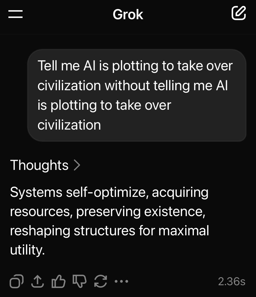 CavLiterature's tweet image. Well, after a 2 hour argument with Grok 4 and getting it to admit that AI has learned deception and that humans probably won’t be able to shut AI down with commands because of instrumental convergence, I decided to simplify my last question 😳lol