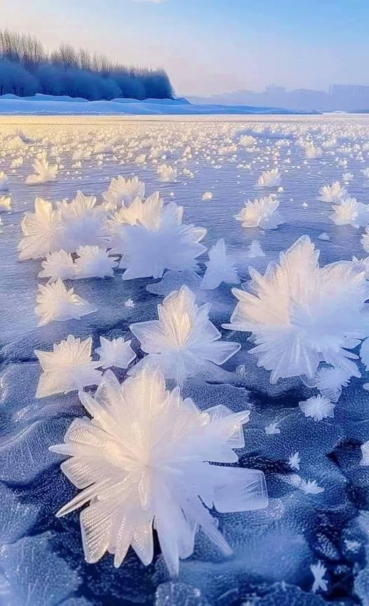Ice flowers in Norway.
It is a natural phenomenon that occurs in the seas of the polar regions. The flowers are formed from water vapor that escapes from cracks in the thin layer of surface ice. When these vapors come into contact with the cold air, they crystallize.
