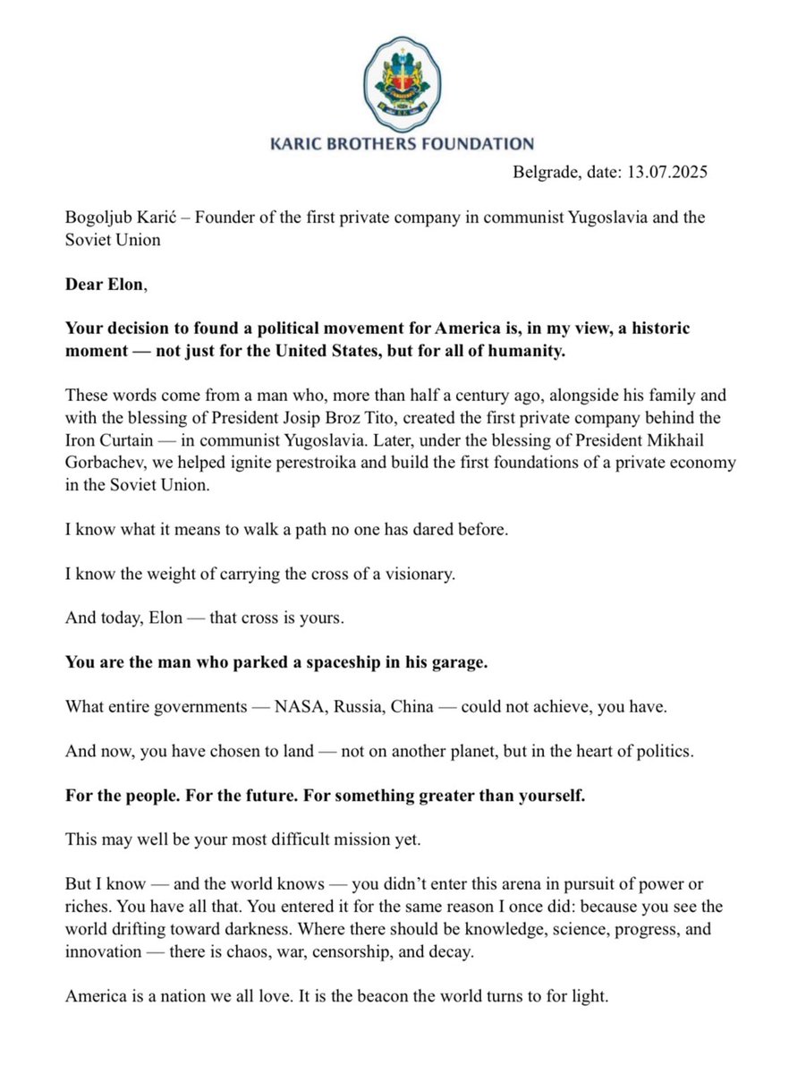 BogoljubKaric's tweet image. You carry more than a name.
You carry a legacy.
Tesla lives through you, @elonmusk — and Serbia sees it.
✉️ Open letter of vision and brotherhood 👉 [Medium link]

#OpenLetter #ElonMusk2025 #BogiSupportsElon #MuskMovement #bogoljubkaric 

drive.google.com/file/d/1fYTUoz…