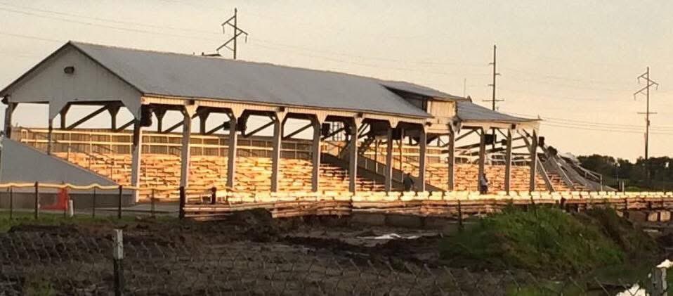 WesternILFair's tweet photo. On this day in 2015, a straight line wind storm hit Griggsville. The storm caused irreparable damage to our grandstand shell. The bleachers within suffered minimal damage and were salvaged, with a new grandstand cover constructed to replace the aged shell.

Cc: @WGEMWeather https://t.co/eTRJEJQWA6