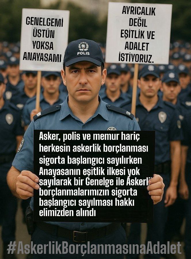 <a href="/YalcinDoganVHP/">Yalçın Doğan</a> 🔘POLİSİN ASKERLİK BORÇLANMASI MAĞDURİYETİ ÇÖZÜLMELİDİR Eyt yasasında
İşçi 5975 gün pirimle emekli oldu polis 12000 gün pirimle emekli olamıyor
🔘2. Şark kalkmalı
🔘Yıpranma payına Adalet
🔘Taban maaşın yükseltilmesi Elzemdir.
<a href="/RTErdogan/">Recep Tayyip Erdoğan</a>
<a href="/csgbakanligi/">T.C. Çalışma ve Sosyal Güvenlik Bakanlığı</a>
<a href="/TC_icisleri/">T.C. İçişleri Bakanlığı</a>
#merkezÖlüyoruz