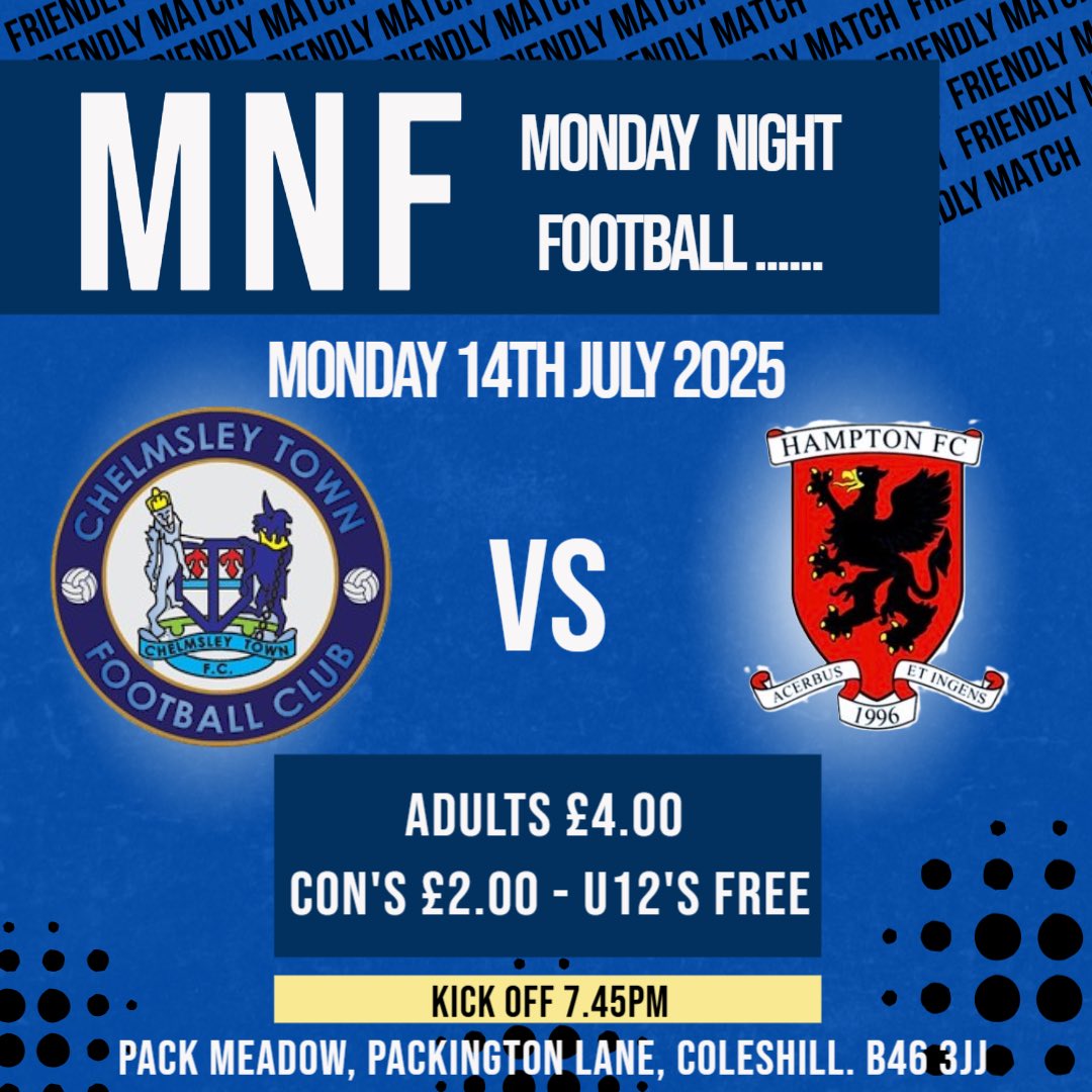 This weeks Monday Night Football see’s us host local team &amp; good friends of the club <a href="/hampton_fc/">Hampton FC</a> , who stepped in at short notice 😊

Should be a great game on a beautiful summers evening ⚽️🍻

#mondaynightfootball