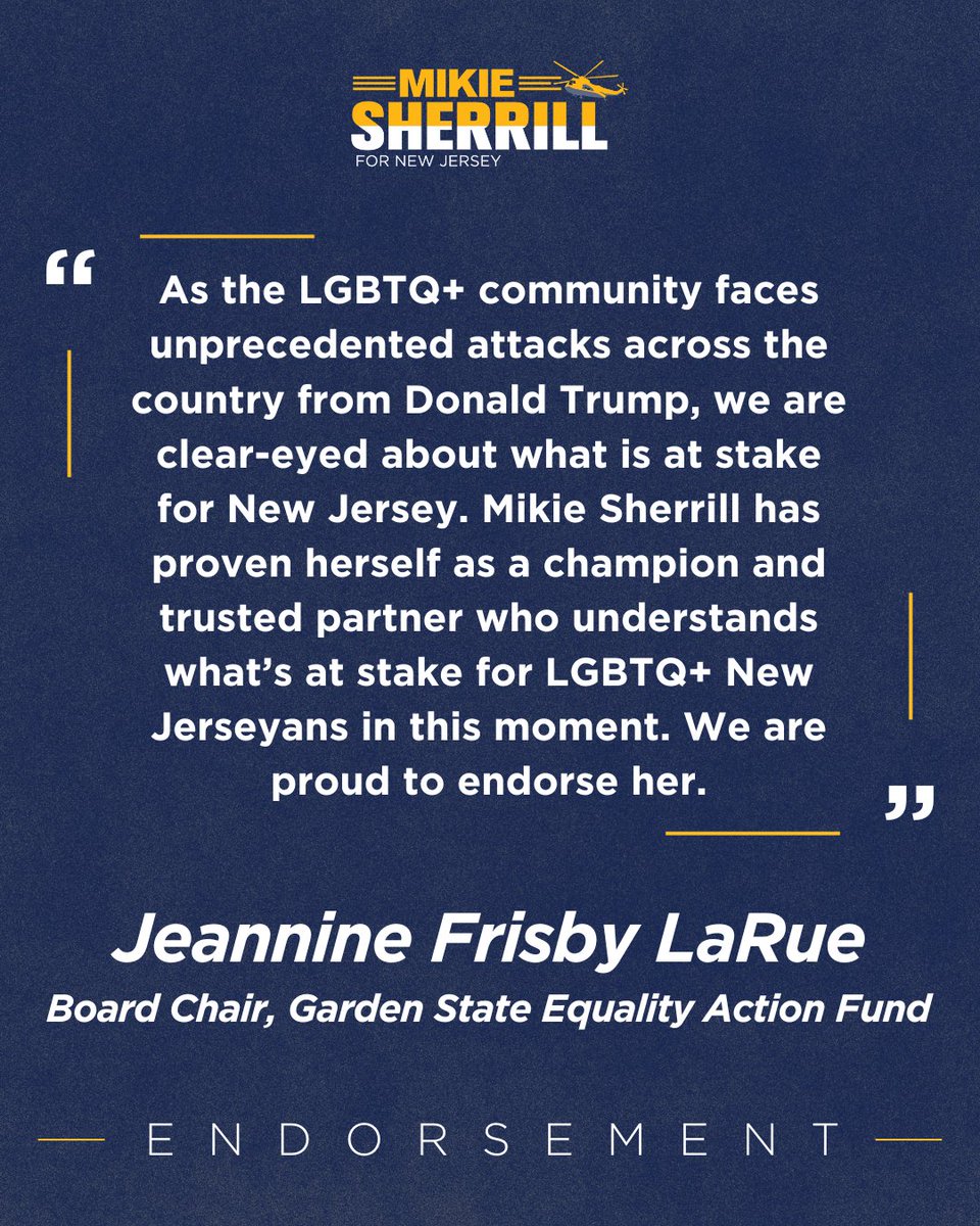 MikieSherrill's tweet image. In a time when rights, families, and futures are under attack, I’m proud to have @GSEquality Action Fund, New Jersey’s largest LGBTQ+ advocacy organization, in my corner.
Together we’ll continue to defend dignity, equality, and justice for all New Jerseyans.