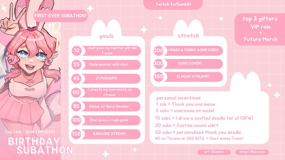 ♡ BIRTHDAY SUBATHON ♡

Hai! I will be doing my first ever subathon during my birthday week! It will go on until the 20th which is my birthday! I will be playing with friends and viewers so make sure to stop by if you can :D!

START: JULY 14TH 1 PM CST

twitch.tv/bunbibi