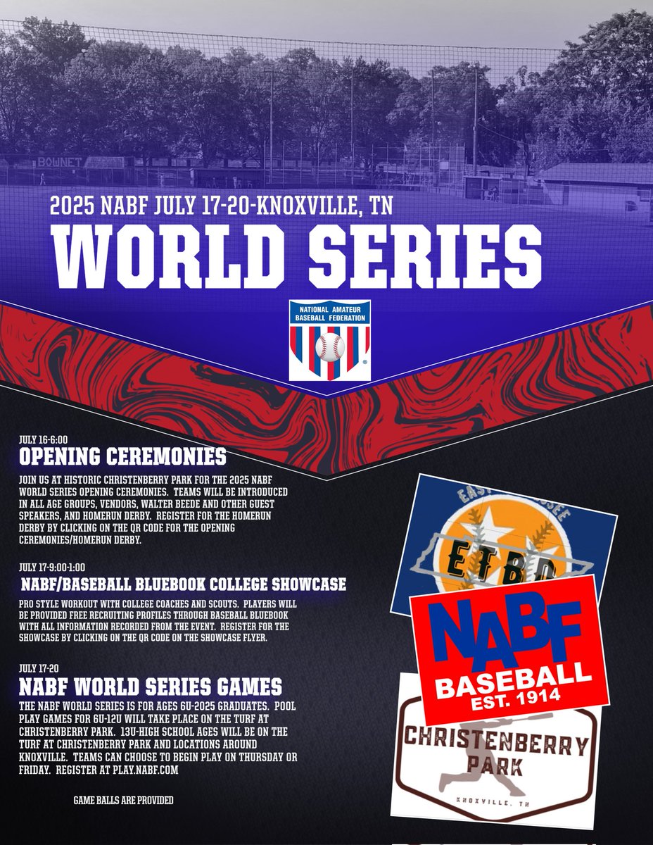 🚨 🚨 🚨 It's NABF World Series week!  Registration closes on TUESDAY morning at 10am. Choose to play 3 days or 4 days. Join teams from over 6 states. Select games livestreamed, NABF/Baseball Bluebook Showcase, and more. Get registered at play.nabf.com