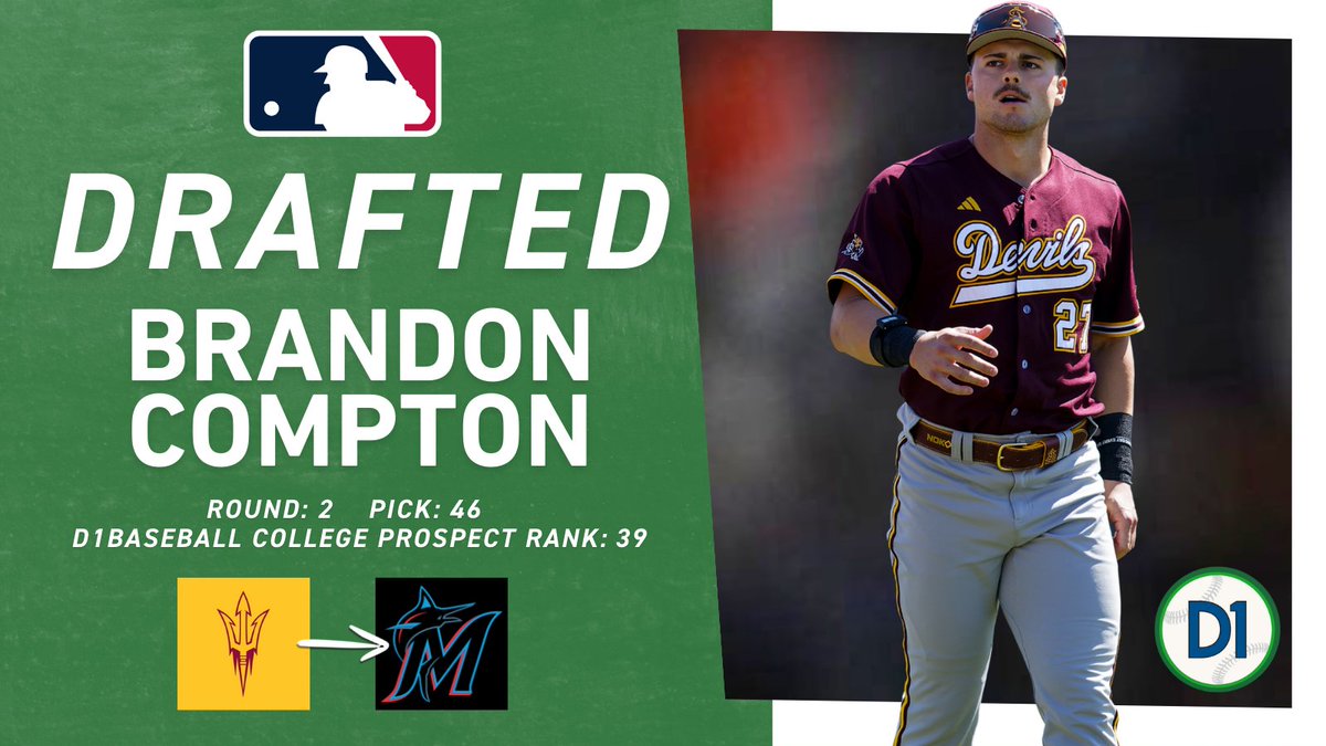 D1Baseball (@d1baseball) on Twitter photo 2025 MLB DRAFT – Round 2⃣ | Pick 4⃣6⃣
Brandon Compton, <a href="/ASU_Baseball/">Sun Devil Baseball</a> ➡️ <a href="/Marlins/">Miami Marlins</a>
#MLBDraft x #D1Baseball 2025 MLB DRAFT – Round 2⃣ | Pick 4⃣6⃣
Brandon Compton, <a href="/ASU_Baseball/">Sun Devil Baseball</a> ➡️ <a href="/Marlins/">Miami Marlins</a>
#MLBDraft x #D1Baseball