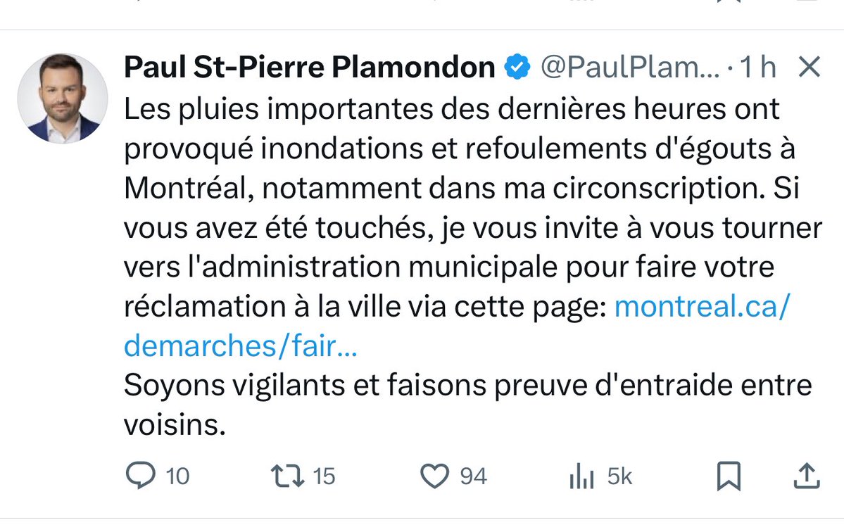 olivier_primeau's tweet image. Encore une démonstration que nos infrastructures ne tiennent plus la route. 🙃
Des refoulements d’égouts à répétition, des inondations à chaque pluie : voilà le résultat d’une gestion catastrophique de nos finances publiques.
On ne paie pas des milliards pour rafistoler des…
