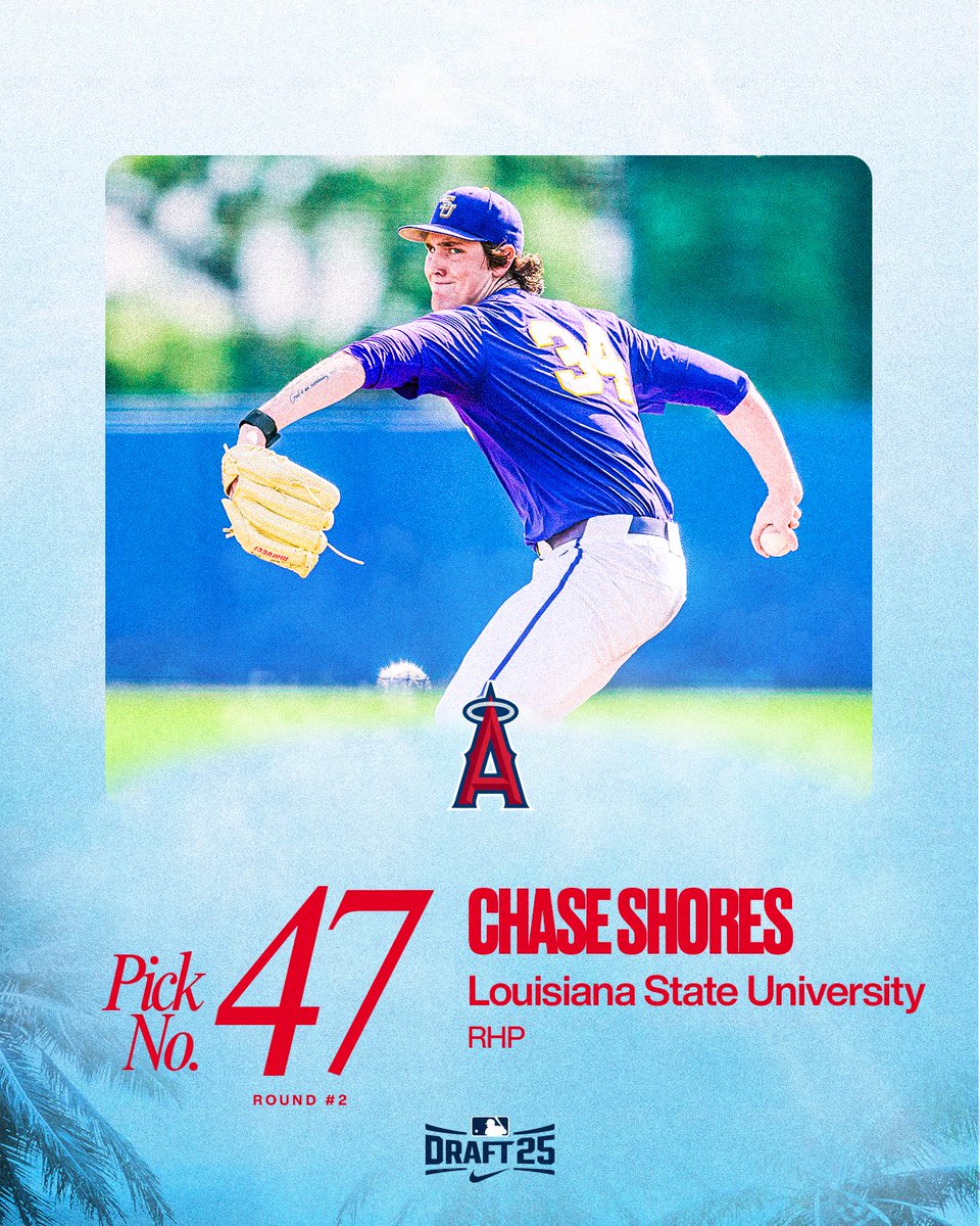 With the 47th overall pick in the 2025 #MLBDraft, we have selected RHP Chase Shores from Louisiana State University.  

Welcome to the Angels, Chase!