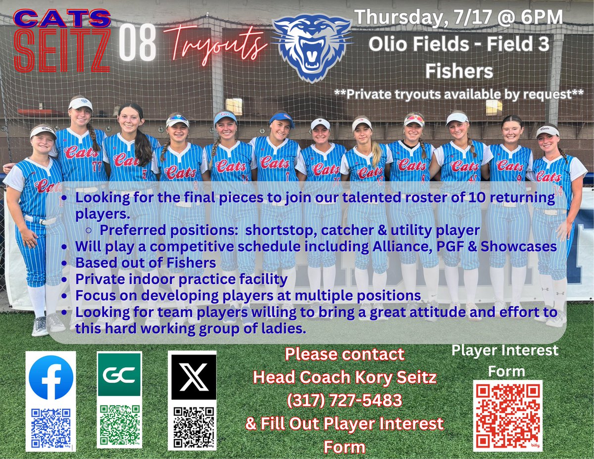 We are excited to announce Kory Seitz will be taking over as Head Coach of Cats Seitz 08. 
We will have open tryouts this Thursday, 7/17 @ 6PM in Fishers.  Please pass this along to anyone who may be looking for a new place to call home!