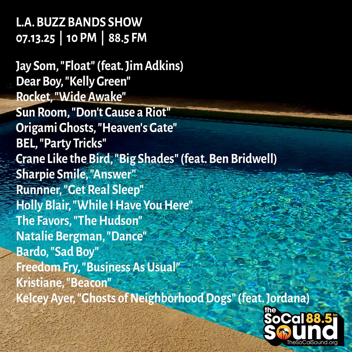 krbronson's tweet photo. The @BuzzBandsLA Show tonight celebrates 14 years on 88.5 FM / @TheSoCalSound. No fanfare, tho, just tunes f/ Rocket, Jay Som, BEL, The Favors, Kelcey Ayer, Bardo, Sun Room, Crane Like the Bird, Holly Blair, Sharpie Smile, Origami Ghosts, Dear Boy + more   https://t.co/DMCtKl3qCp https://t.co/APRFMOf6gQ