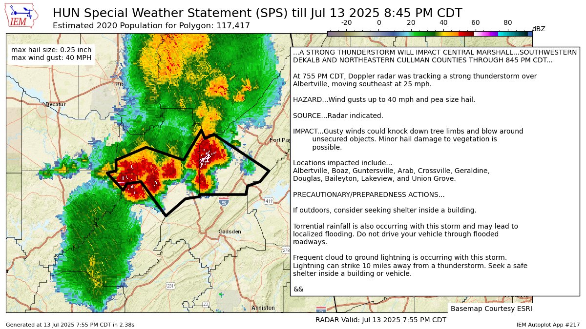 A STRONG THUNDERSTORM WILL IMPACT CENTRAL MARSHALLSOUTHWESTERN DEKALB AND NORTHEASTERN CULLMAN COUNTIES THROUGH 845 PM CDT [wind: 40 MPH, hail: 0.25 IN] mesonet.agron.iastate.edu/p.php?pid=2025…