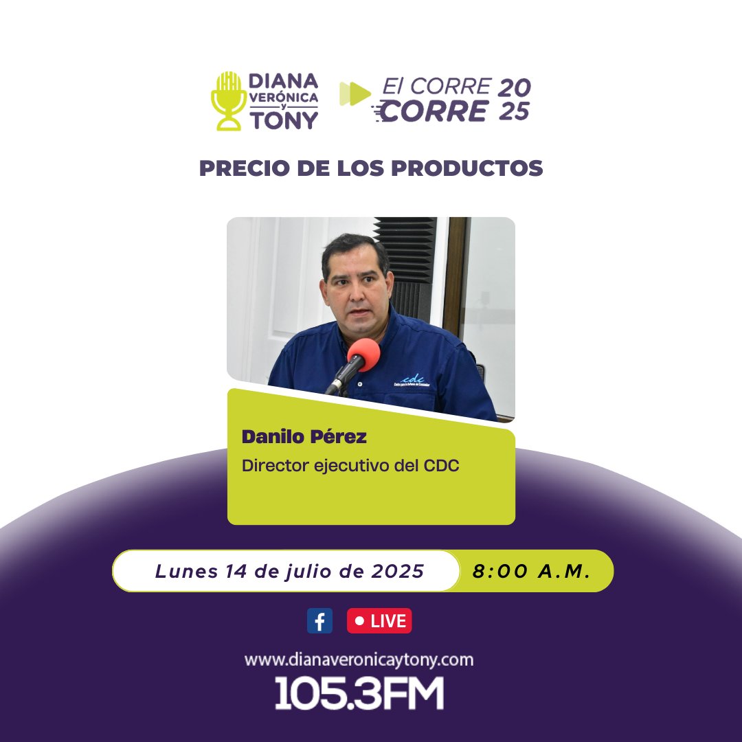 🎙️ <a href="/DaniloPerezCDC/">DaniloPerezCDC</a> estará en la mañana del lunes 14 de julio con @dianavytonyen en el programa #ElCorreCorre I Conversarán sobre el precio de los productos.  
Sintoniza a las 8⃣:0⃣0⃣ a.m. el dial 105.3 FM 
<a href="/Punto105/">Punto105 [105.3 FM]</a> Comentarios al: 📲 7850-2060