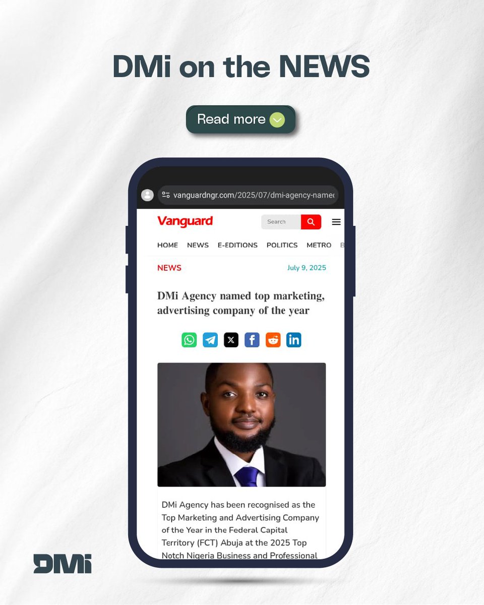 DigitalDmi's tweet photo. DMi is on Vanguard!!!

We’re proud to be named the Top Marketing &amp; Advertising Company of the Year (FCT) at the 2025 Top Notch Nigeria Business &amp; Professional Awards and now it’s official, Vanguard is talking about it.

#DMiMarketing #DMiOnTheNews #VanguardNigeria #Shakur #SNME https://t.co/gndzVlaF0l