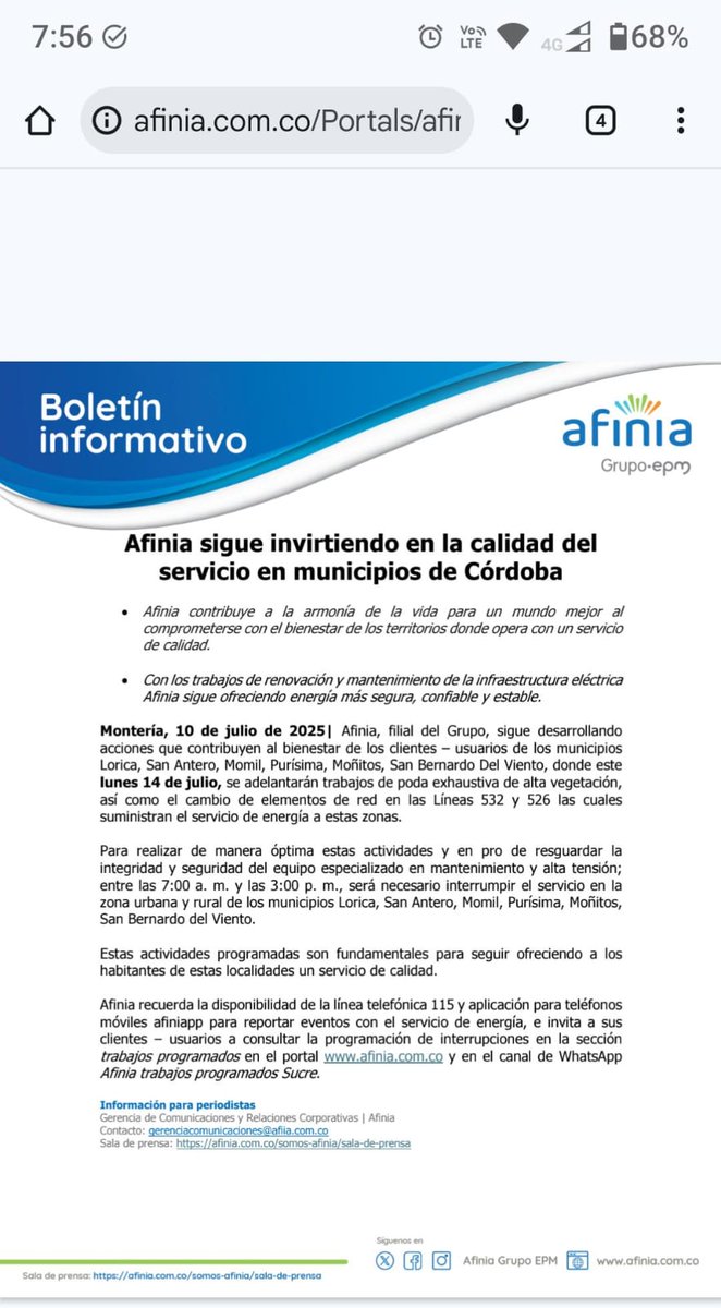 tuprosefor's tweet photo. @AfiniaGrupoEPM Esta información que ahora comparten es contradictoria con la anterior. ¿Hay o no suspensión de servicio? https://t.co/YijGFjhTmb