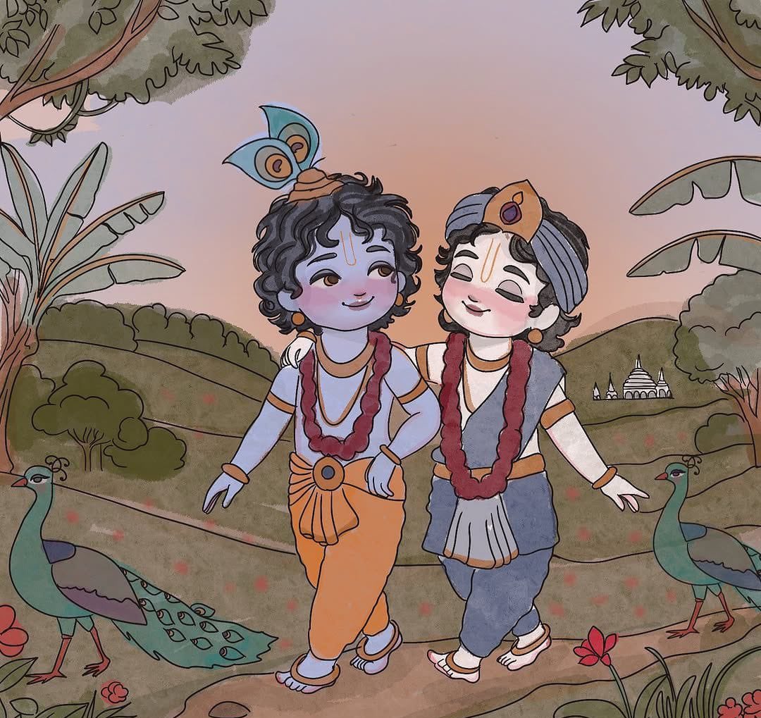 In Vrindavan, they spent their childhood together playing, herding cows, laughing, fighting demons, and sharing divine adventures. Balaram always watched over Krishna, making sure no harm ever touched Him ❣️🪷
