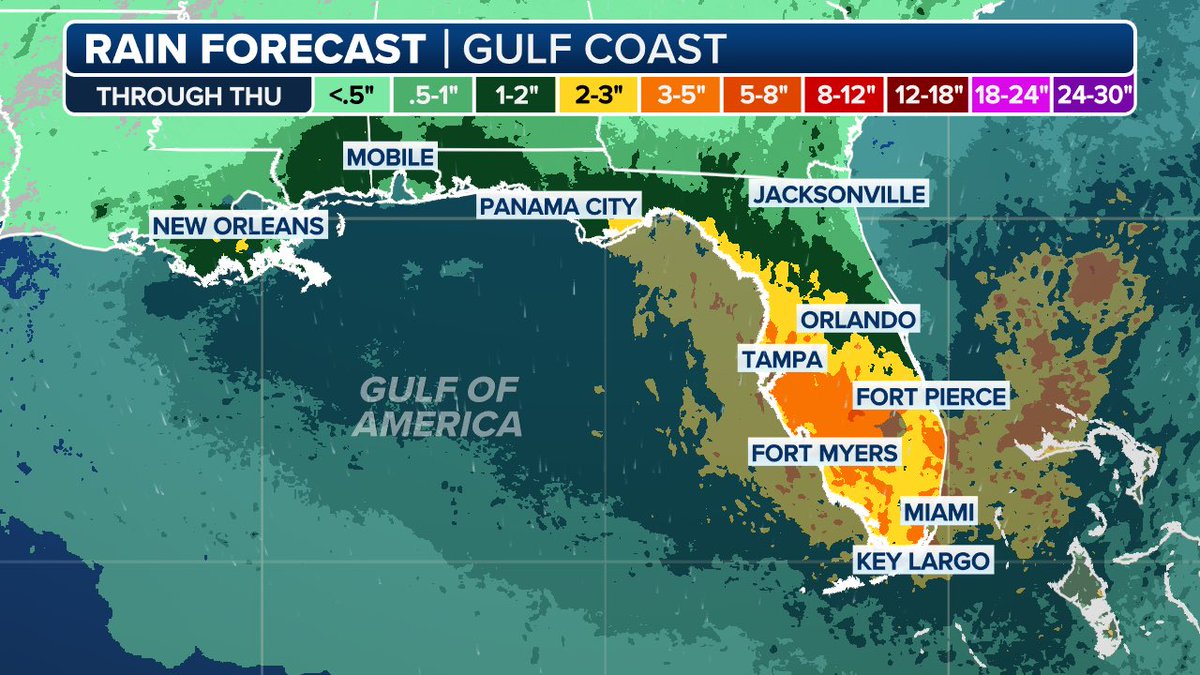 Our stretch of unusually dry weather is about over. 

Broad low pressure east of %Florida will move over our state during the next few days. There may be some development in the Gulf as the low moves away from us, but the net result will be for a significant uptick in rain