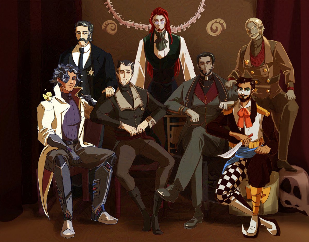 SDeeyS's tweet photo. @Thanatos995 @shinymew13 #artfight2025 Group attack, from left to right: Dr. Tragedy-  @Itsthehivemind ; Marshall - maggotplague on artfight; Vernelius- @NilthiousArts ;  Vincent - @Dragonmirr ; Zyki -mine; Khushi -linkey on artfight; Marax @Deezm0 https://t.co/Pl3KeAxxgy