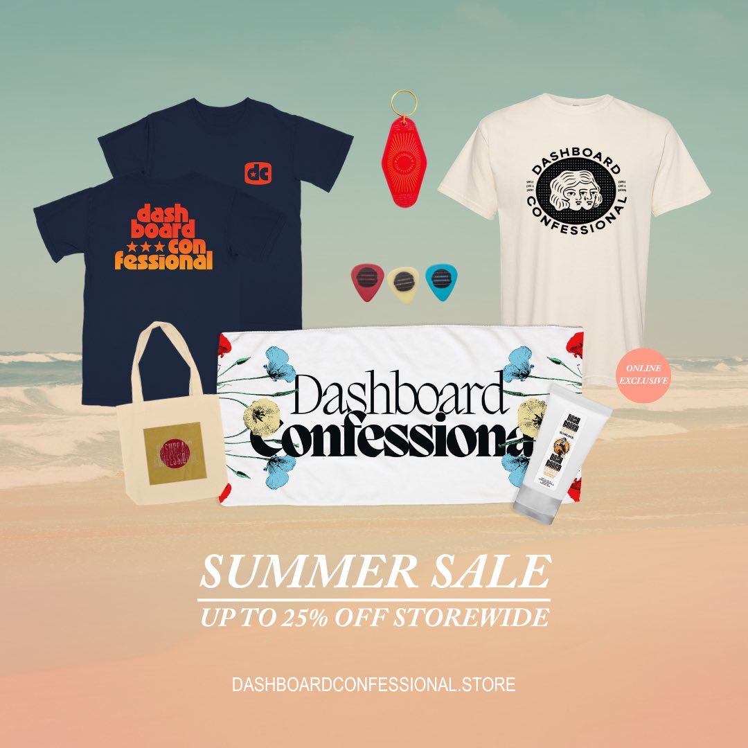 dashboardmusic's tweet image. Summer sale ends tomorrow (7/14) night! Shop now: dashboardconfessional.store/collections/all ☀️