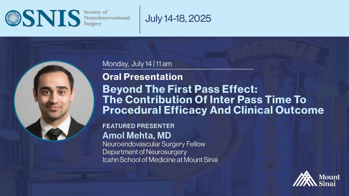 Mount Sinai Neurosurgery (@mountsinaineuro) on Twitter photo At #SNIS2025! 🚨 <a href="/AmolMehtaMD/">Amol Mehta, MD</a>, #Neuroendovascular surgery fellow at <a href="/MountSinaiCVC/">Mount Sinai Cerebrovascular</a> & <a href="/MountSinaiNeuro/">Mount Sinai Neurosurgery</a>, presents “Beyond the First Pass Effect!" His talk explores how inter-pass time impacts #Stroke procedure success. Research mentored by <a href="/MajidiShahram/">Shahram Majidi, MD</a>. <a href="/SNISinfo/">SNIS Info</a> #Neurosurgery At #SNIS2025! 🚨 <a href="/AmolMehtaMD/">Amol Mehta, MD</a>, #Neuroendovascular surgery fellow at <a href="/MountSinaiCVC/">Mount Sinai Cerebrovascular</a> & <a href="/MountSinaiNeuro/">Mount Sinai Neurosurgery</a>, presents “Beyond the First Pass Effect!" His talk explores how inter-pass time impacts #Stroke procedure success. Research mentored by <a href="/MajidiShahram/">Shahram Majidi, MD</a>. <a href="/SNISinfo/">SNIS Info</a> #Neurosurgery