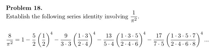 Javier_DanielAR's tweet image. #mathfun Have fun with this one! Try proving the following identity, the solution’s surprisingly simple. No modular equations, no elliptic integrals: just some basic calculus and a clever use of generating functions.