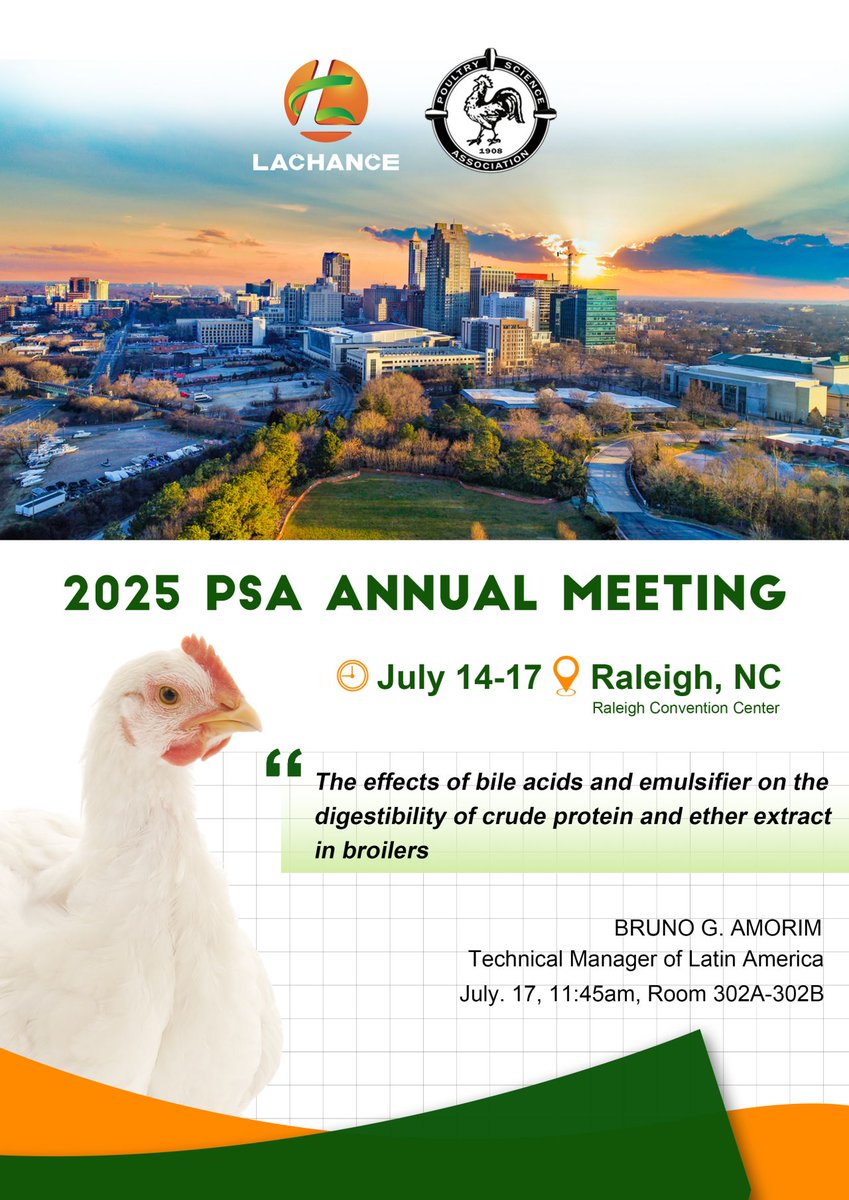 LACHANCE2004's tweet image. Meeting You at PSA 2025! 🐔
BRUNO G. AMORIM will present:"The effects of bile acids and emulsifier on the digestibility of crude protein and ether extract in broilers "
📅 July 17 | ⏰ 11:45 am
📍 Room 302A-302B, Raleigh Convention Center

#PSA2025 #PoultryNutrition #BileAcids