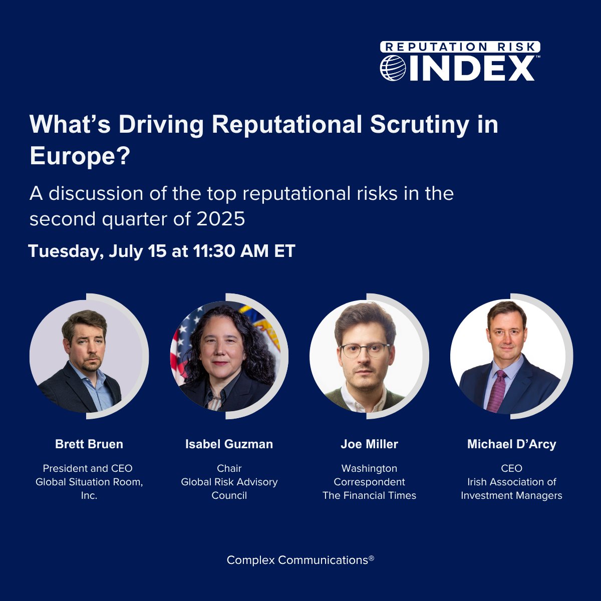 globalsitroom's tweet image. TOMORROW: Join Global Risk Advisory Council Chair @IsabelCGuzman, GSR’s @BrettBruen, @JoeMillerJr of @FinancialTimes and Michael D'arcy of the Irish Association of Investment Managers for an unveiling of the top risks of Q2 2025.
RSVP for the webinar:
globalsitroom.zoom.us/webinar/regist…