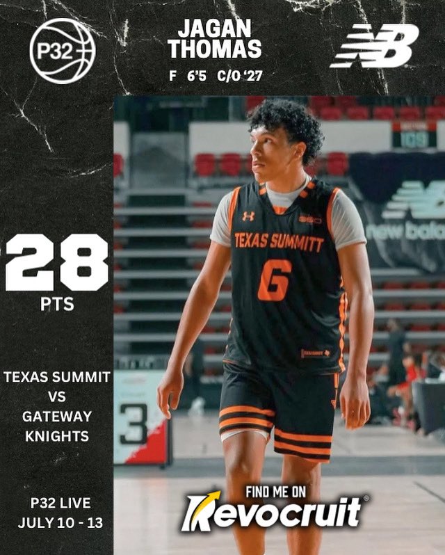 Class of 2027 6’5” forward Jagan Thomas from Texas Summit erupted for 28 points in an overtime win over Gateway Knights at the P32 League Live Event in St. Louis. Stepped up when it mattered most in a thriller.