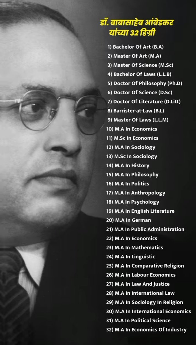 बाबा साहब डॉ. भीमराव अंबेडकर जी का शैक्षणिक जीवन अत्यंत प्रेरणादायक और अद्भुत रहा है। उन्हें 32 डिग्रियों और उपाधियों से नवाज़ा गया था, जो उन्हें भारत ही नहीं, विश्व के महानतम शिक्षाविदों में स्थान देती है। 
#संविधान_निर्माता_बाबा_साहब 
#सुप्रभात
