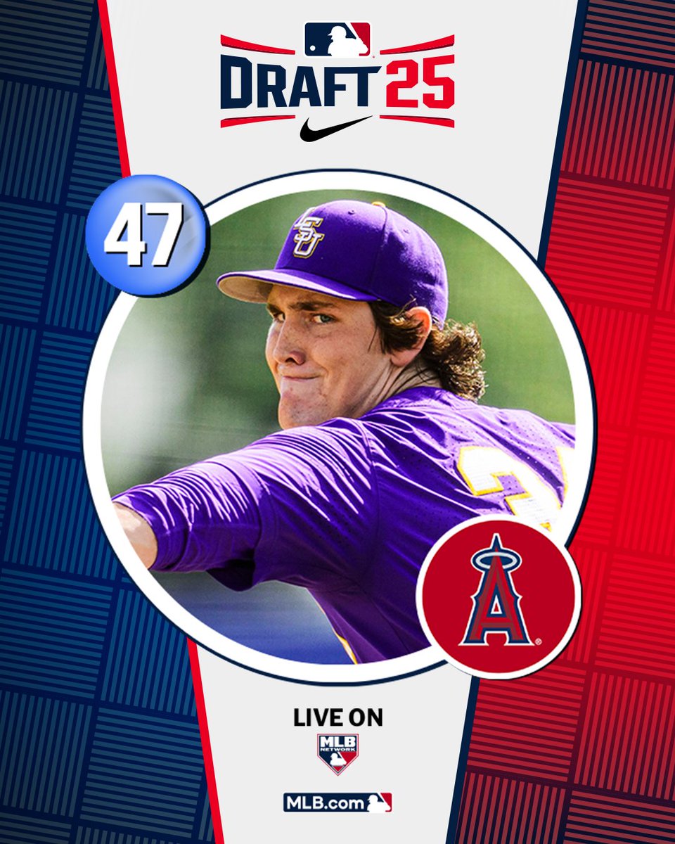 MLBDraft's tweet photo. With the 47th pick in the 2025 Draft, the @Angels select @LSUbaseball right-handed pitcher Chase Shores, No. 77 on the Top 250 Draft Prospects list.

Watch LIVE: https://t.co/jQGbpQkemd https://t.co/AItFMUdJJd