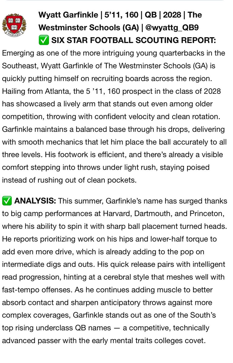 Wyatt Garfinkle 2028 (@wyattg_qb9) on Twitter photo Thankful to <a href="/sixstarfootball/">Six Star Football | PLUS+</a> for the write-up! Loved competing in the older group at <a href="/HarvardFootball/">Harvard Football</a>
<a href="/coachstewgocats/">Nelson Stewart</a> <a href="/QuincyAvery/">Quincy Avery</a> <a href="/CoachWild15/">Marty Wild</a> <a href="/Wildcatfbatl/">Westminster Football</a> Thankful to <a href="/sixstarfootball/">Six Star Football | PLUS+</a> for the write-up! Loved competing in the older group at <a href="/HarvardFootball/">Harvard Football</a>
<a href="/coachstewgocats/">Nelson Stewart</a> <a href="/QuincyAvery/">Quincy Avery</a> <a href="/CoachWild15/">Marty Wild</a> <a href="/Wildcatfbatl/">Westminster Football</a>